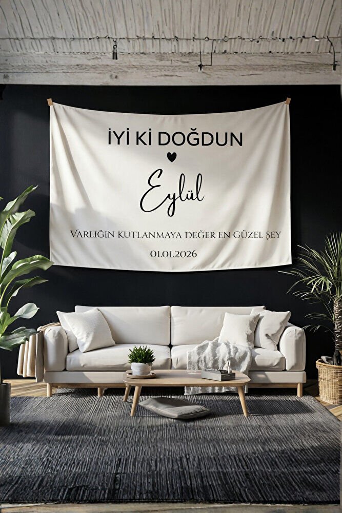 Kişiye Özel Doğum Günü Duvar Örtüsü Happy Birthday Arka Fon Pankart Bej - 70 x 100